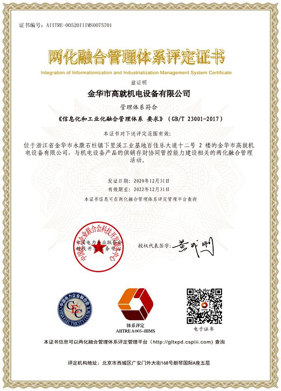 Informatization and industrialization integration management system certificate