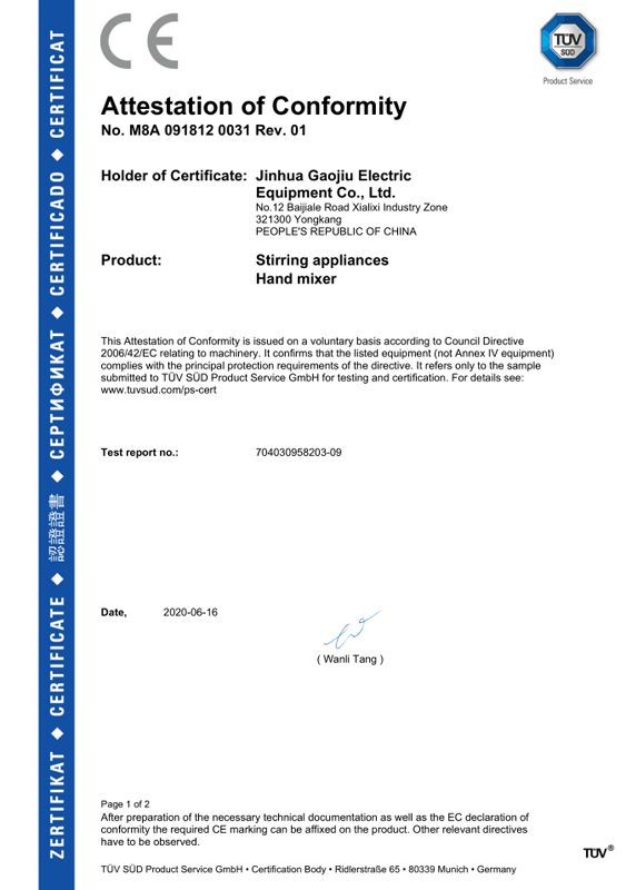 Machinery Directive attestation of conformity for Gaojiu hand mixer